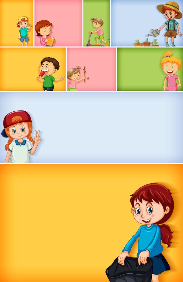 Set of different kid characters on different color backgrounds vector