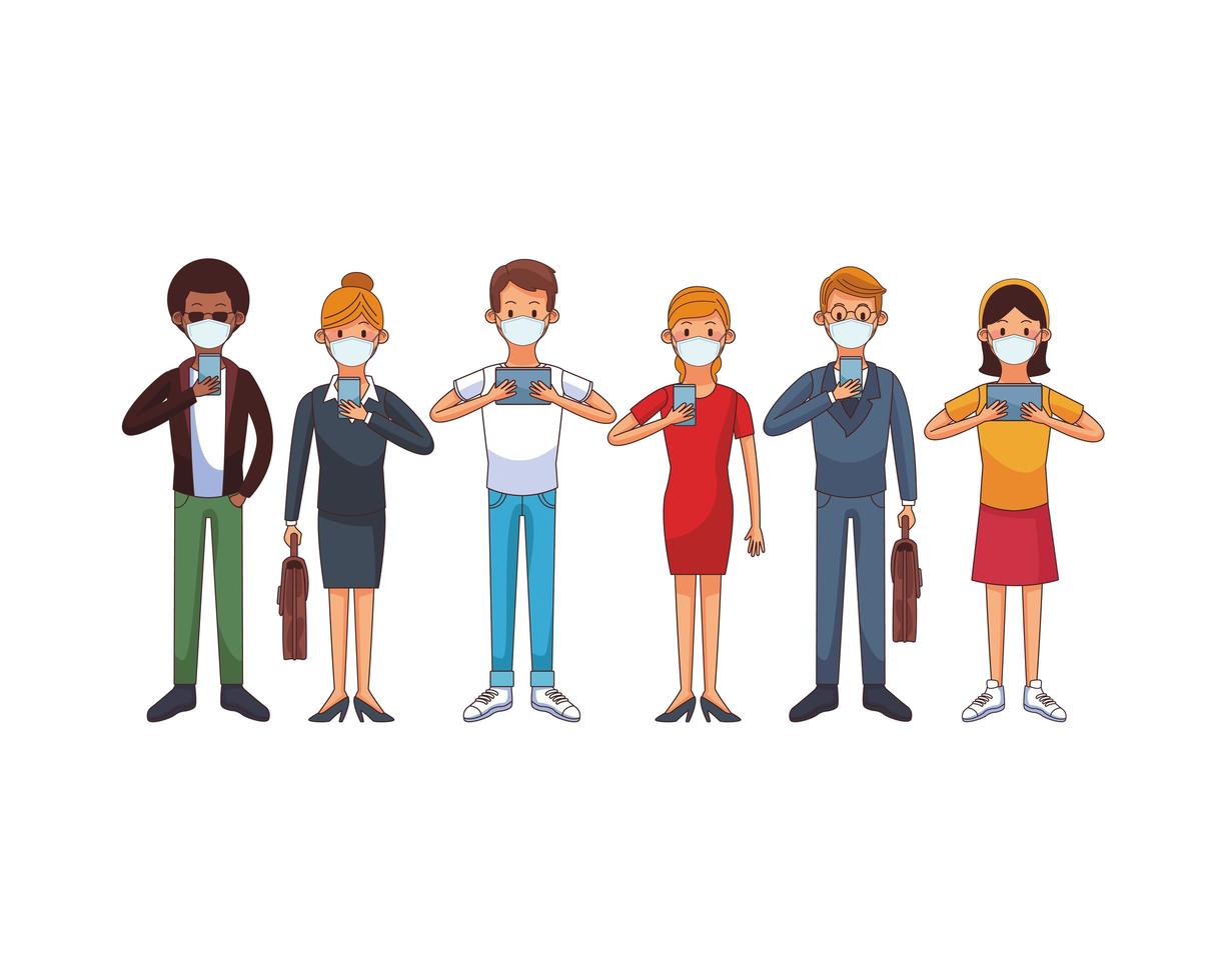 Interracial people wearing medical masks using technology characters vector