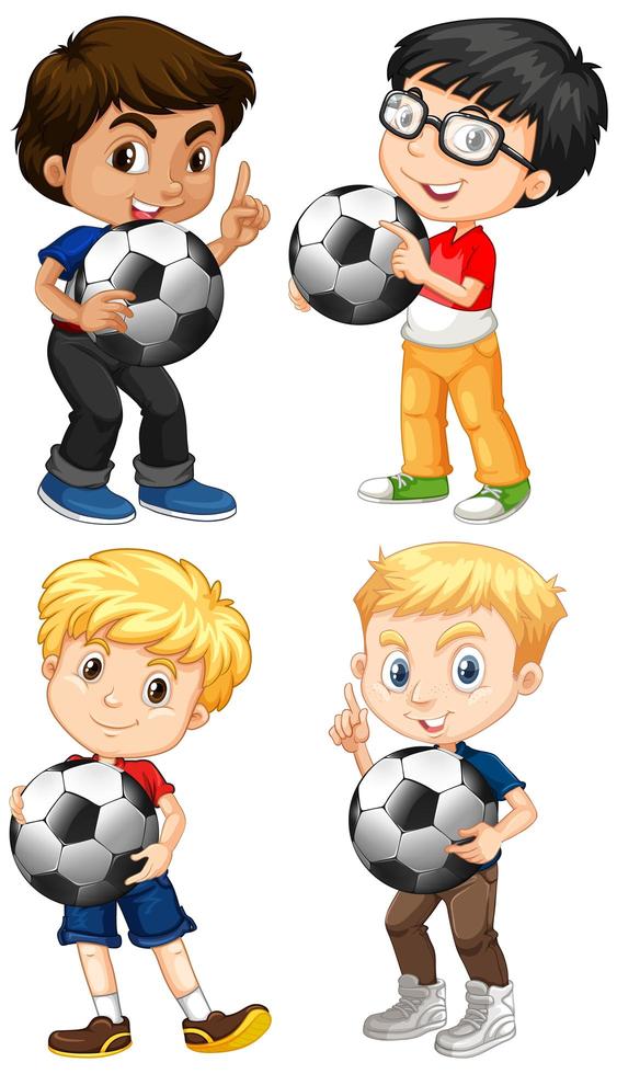 conjunto, de, multicultural, niño, tenencia, balones de fútbol vector