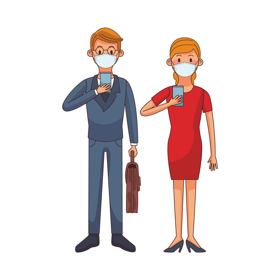 Young couple wearing medical mask using technology characters vector