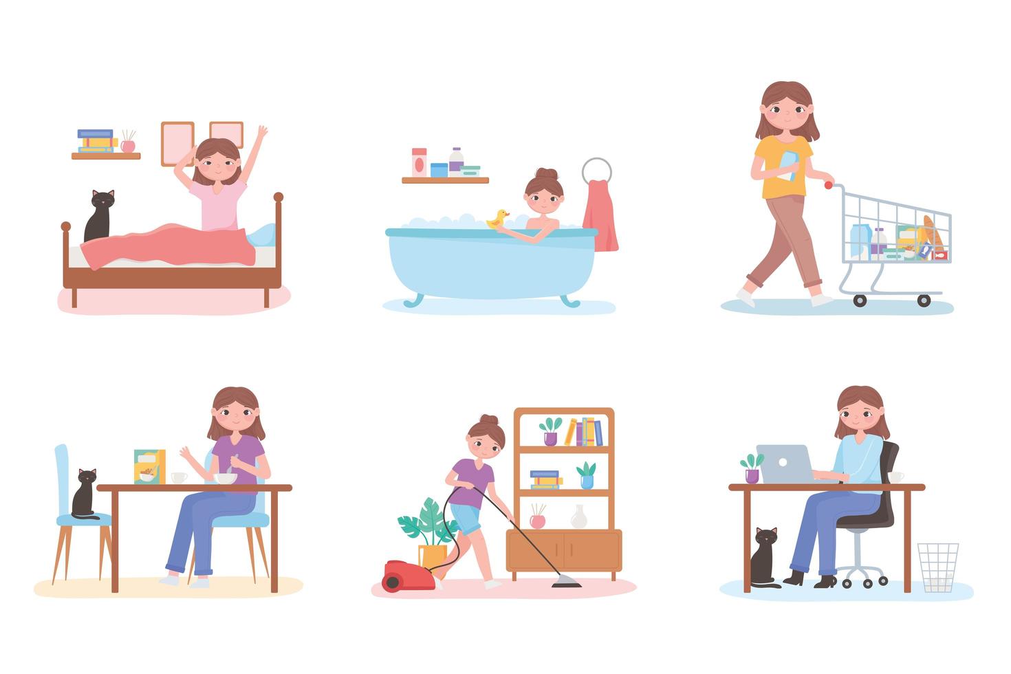 Woman's daily routine set vector