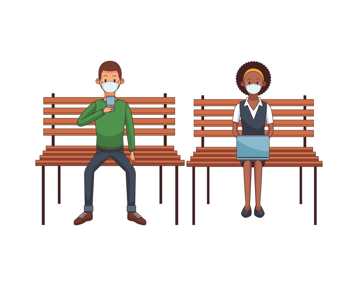 Interracial couple wearing mask using technology seated vector