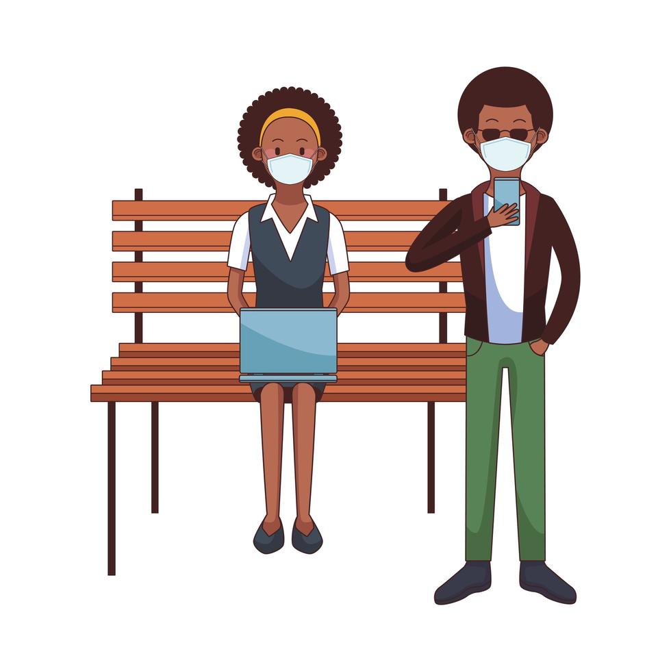 Afro couple wearing medical mask using technology vector