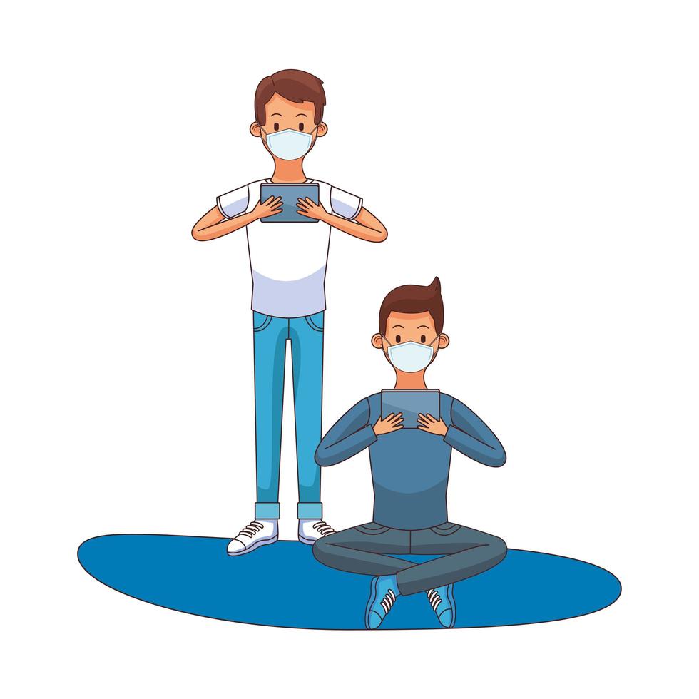 Young men wearing medical masks using technology characters vector