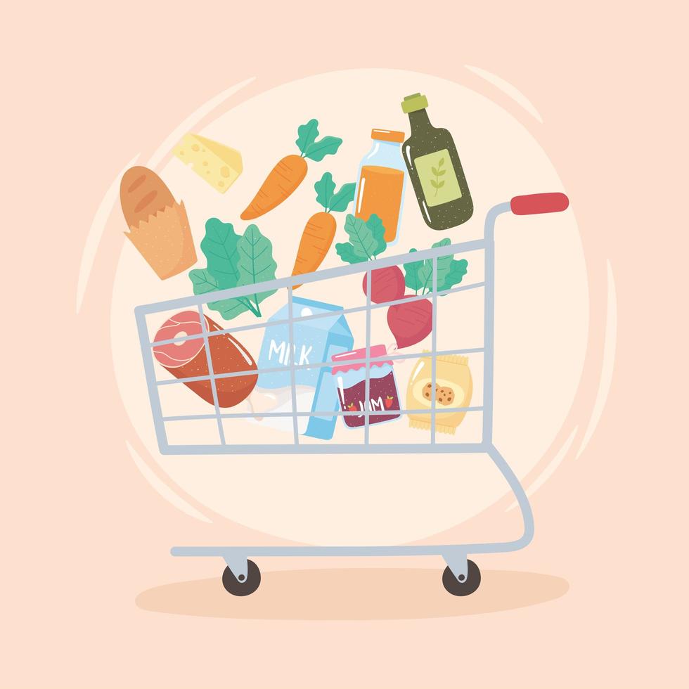 Shopping cart with groceries vector