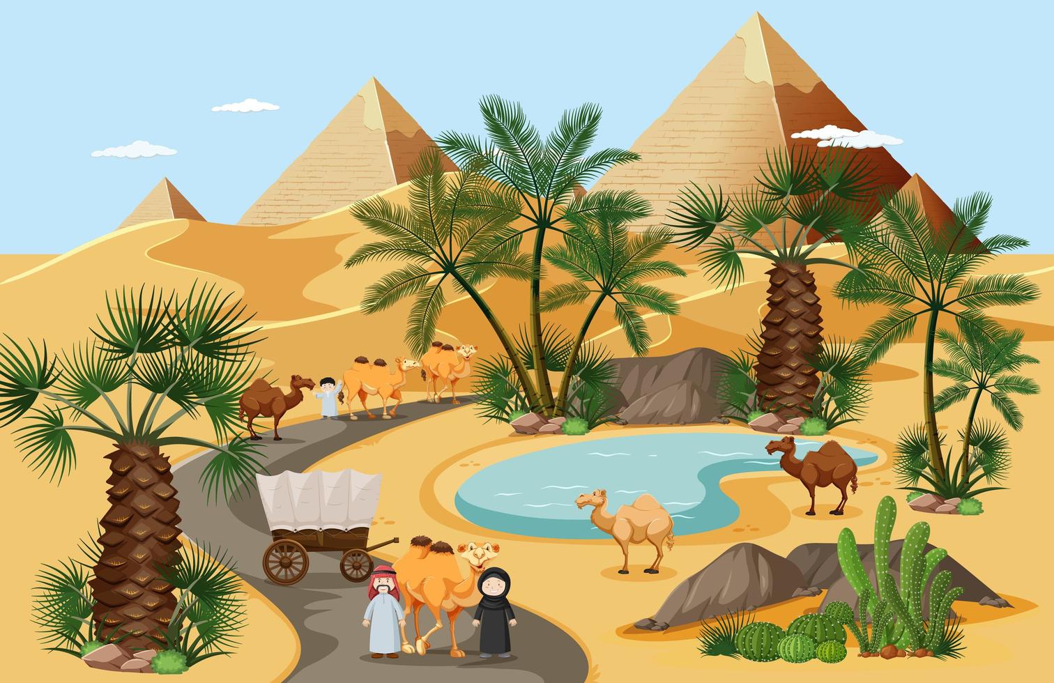 oasis en el desierto con palmeras, naturaleza, paisaje, escena vector