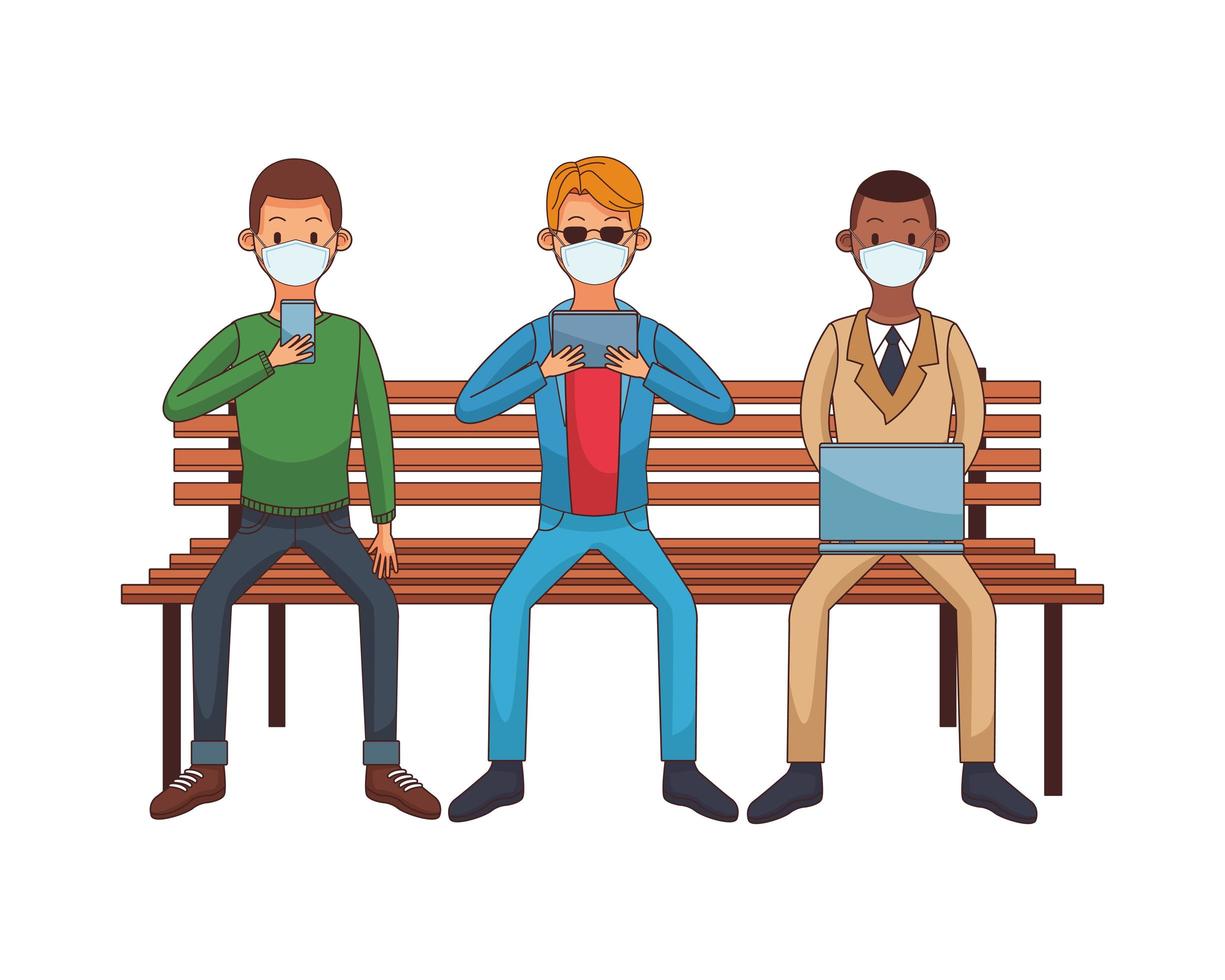 Interracial men wearing medical masks using technology vector