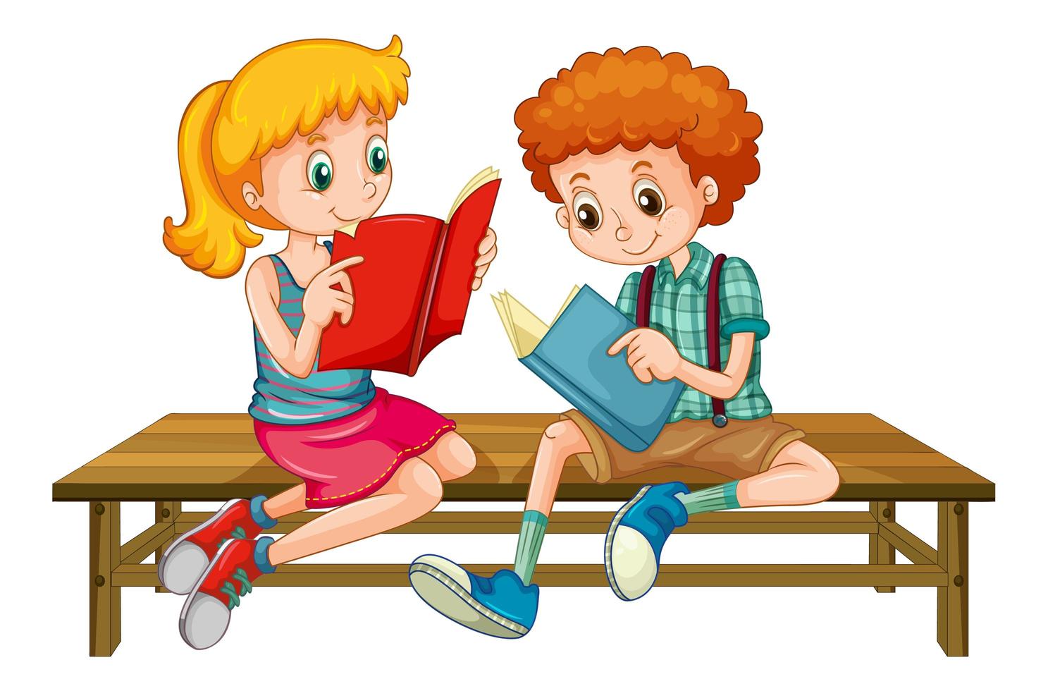 Boy and girl reading books on bench vector