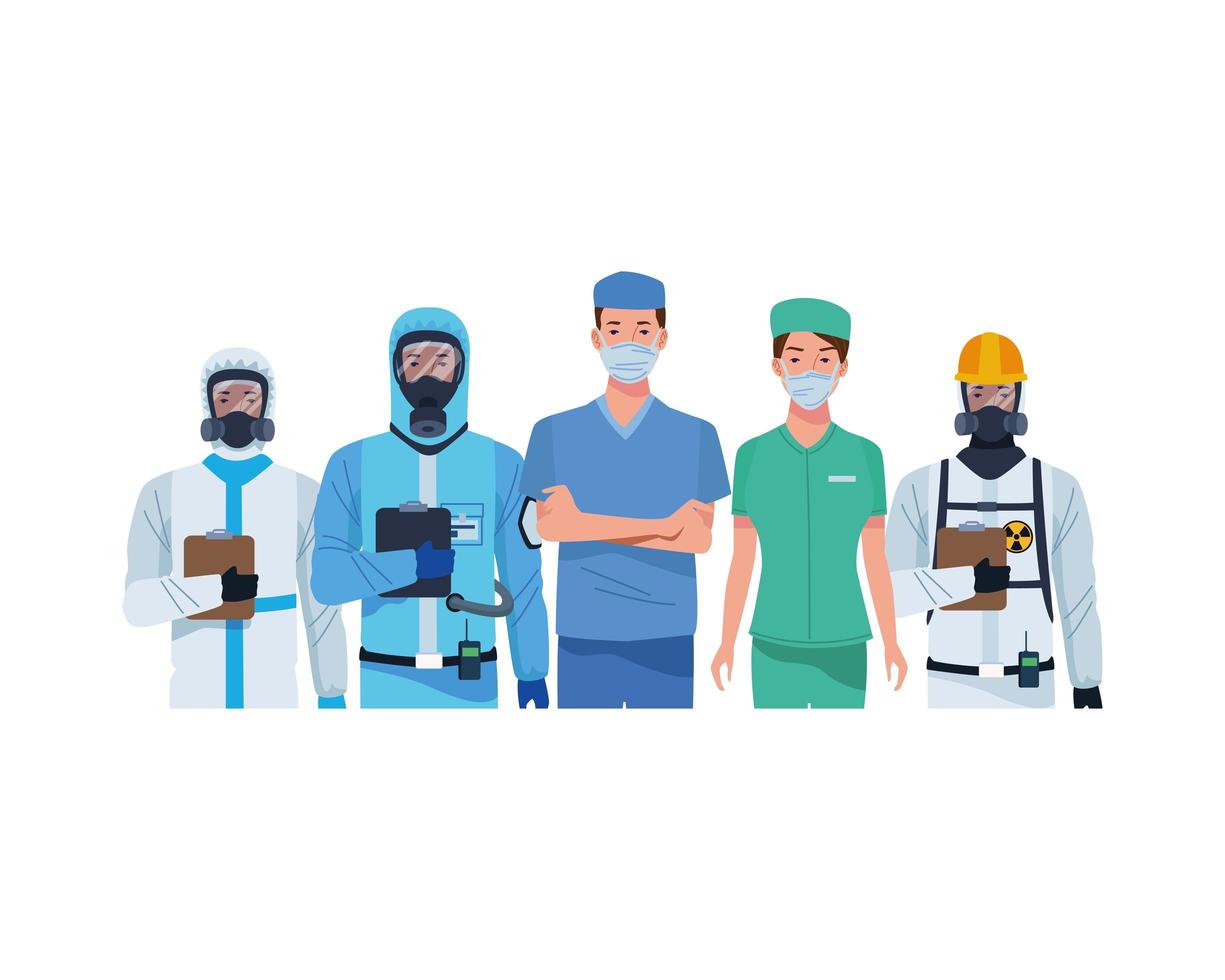 Doctors staff wearing medical masks and biosafety suit vector