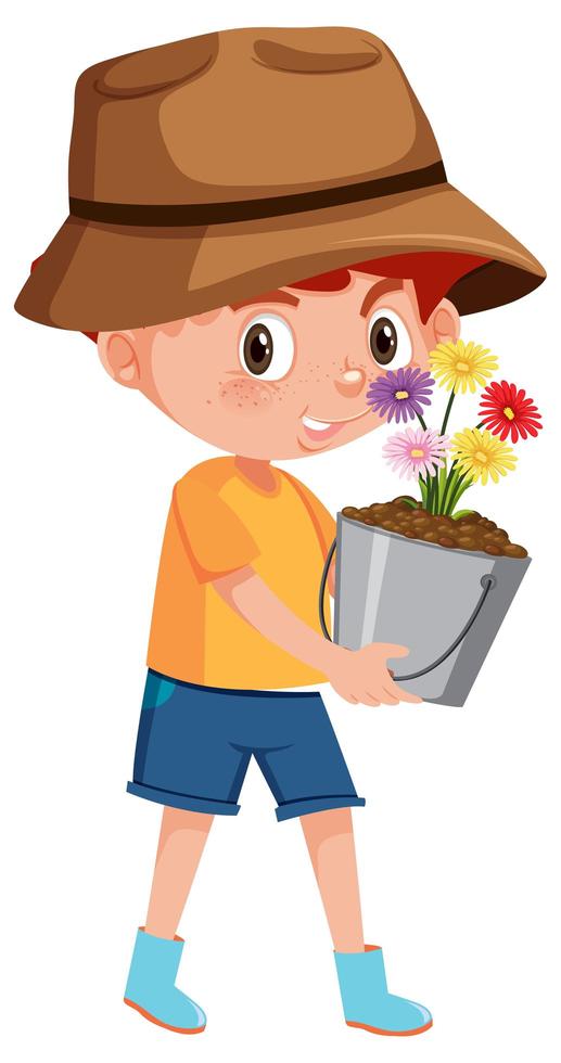 niño sosteniendo flores en maceta vector