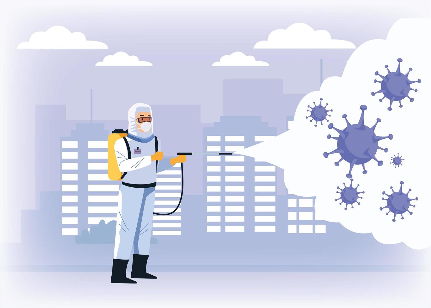 Biosafety worker with disinfectant sprayer and covid19 particles vector