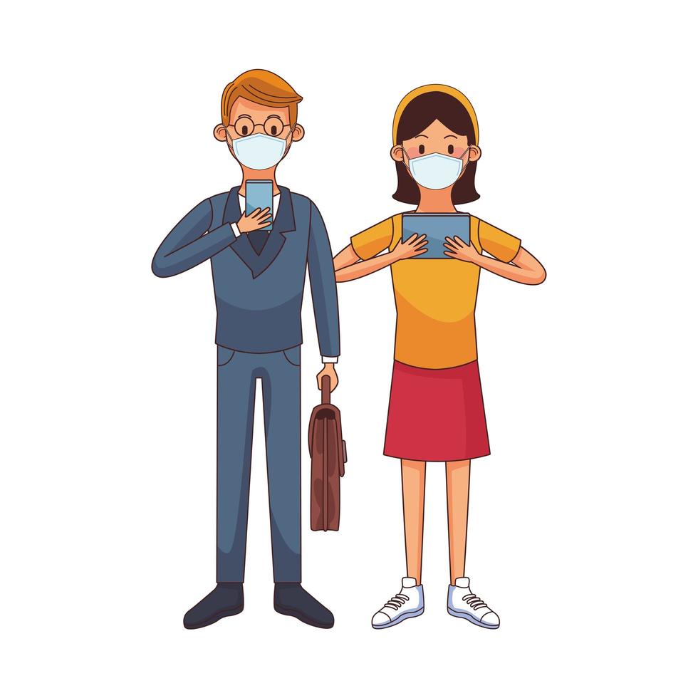 Young couple wearing medical mask using technology characters vector