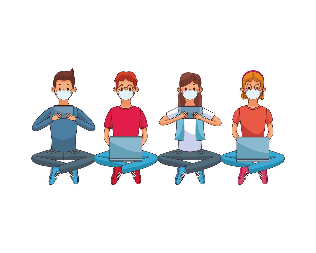 People wearing medical masks using technology seated vector