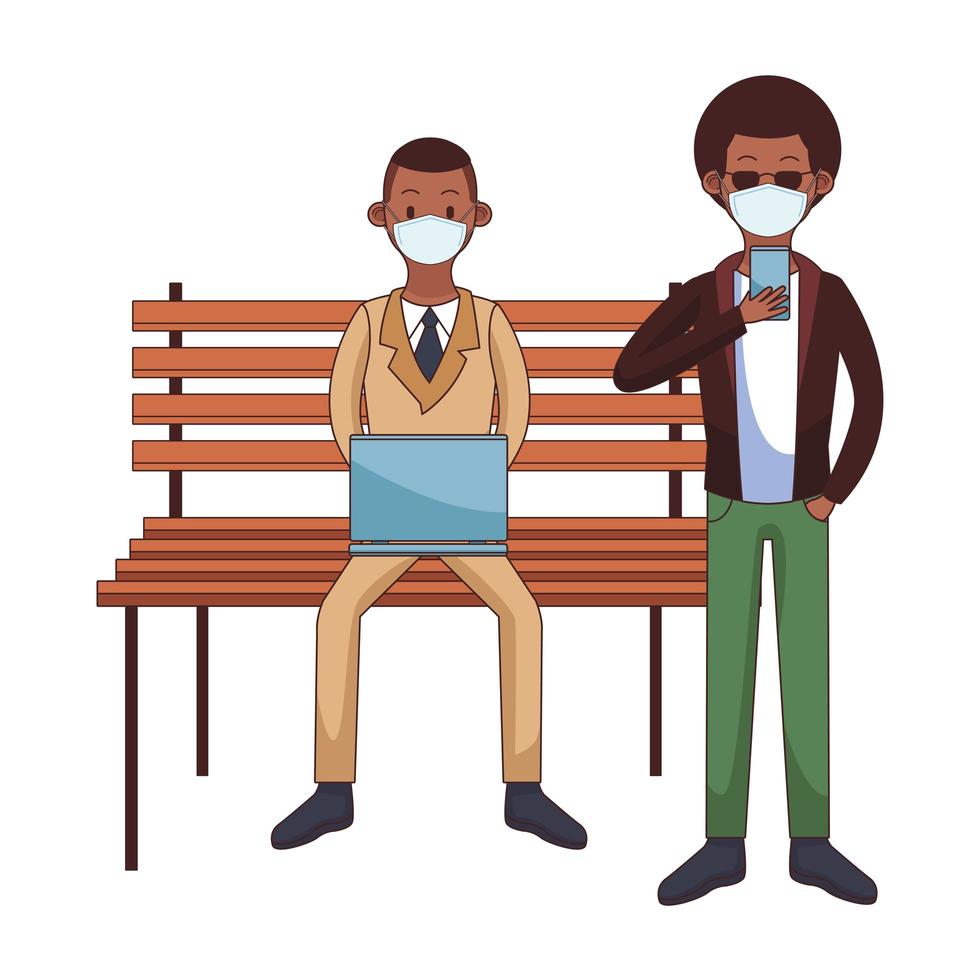 Afro men wearing medical masks using technology seated in park chair vector