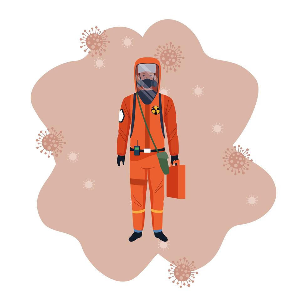 Biosafety worker with biohazard suit and covid19 particles vector