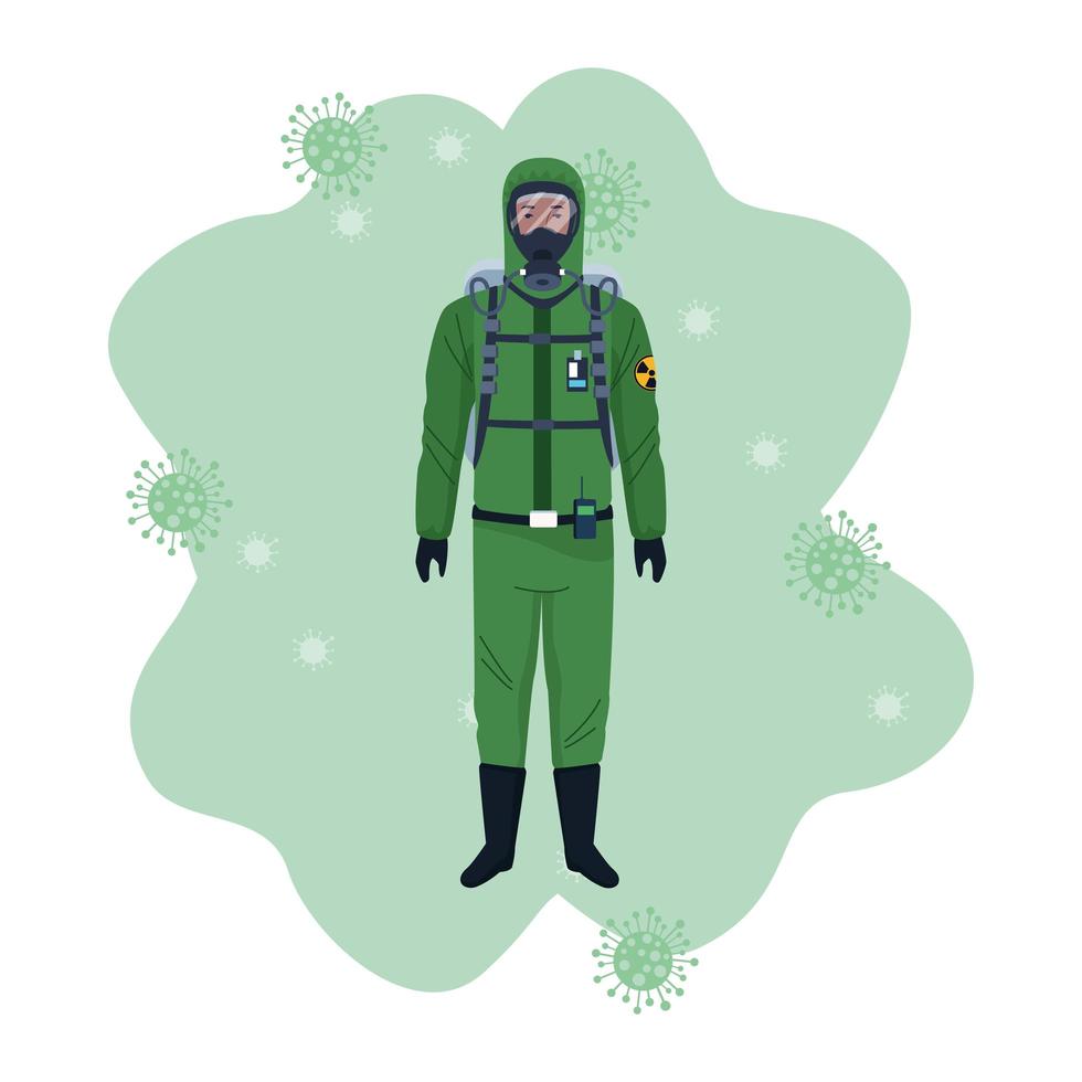 Biosafety worker with biohazard suit and covid19 particles vector