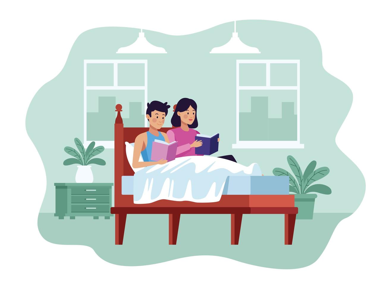 Couple in quarantine, bedroom scene vector