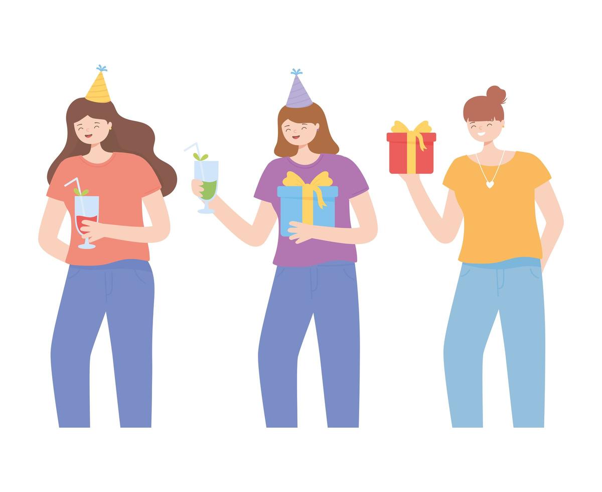 Happy young women with party elements set vector