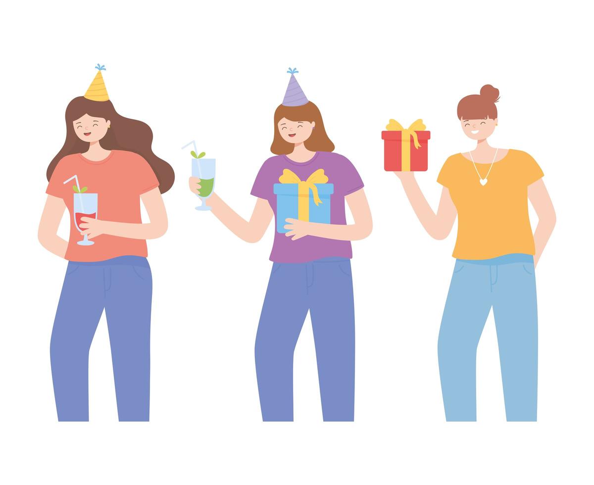 feliz, mujeres jóvenes, con, fiesta, elementos, conjunto vector