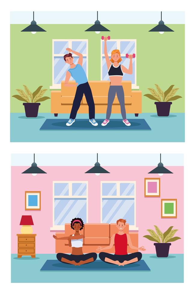 People practicing exercise in the house vector