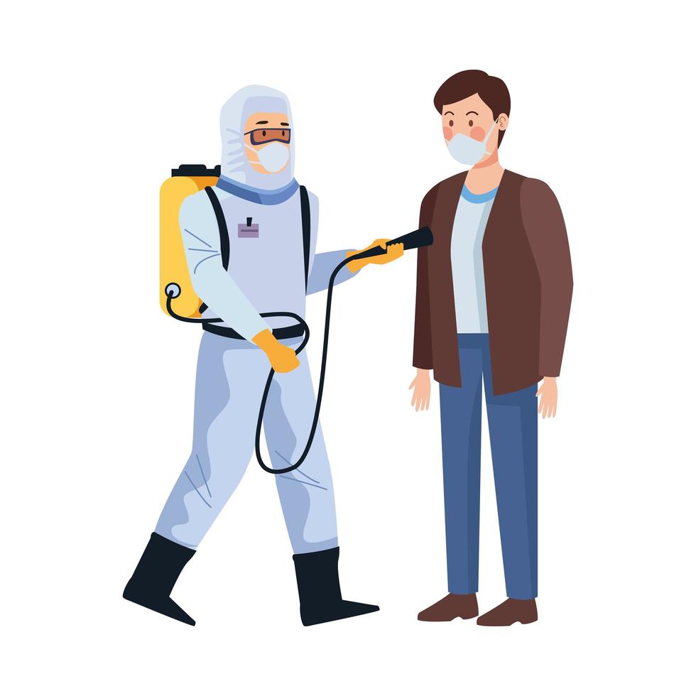 Biosafety worker with portable sprayer and man vector