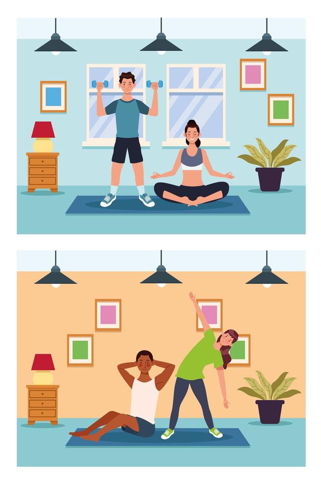 People practicing exercise in the house vector