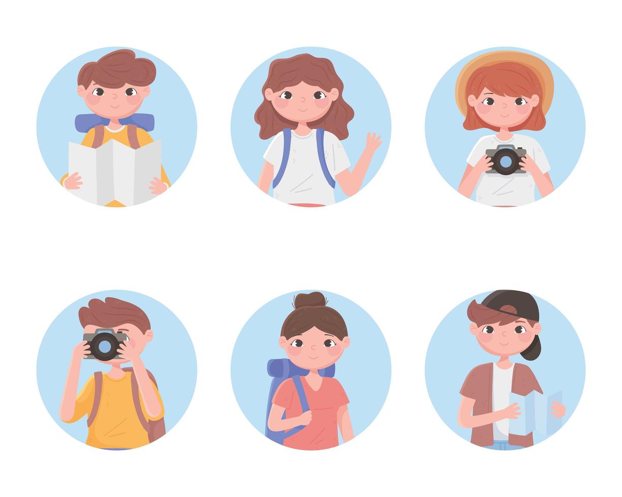 Set of tourist people travelling avatars vector