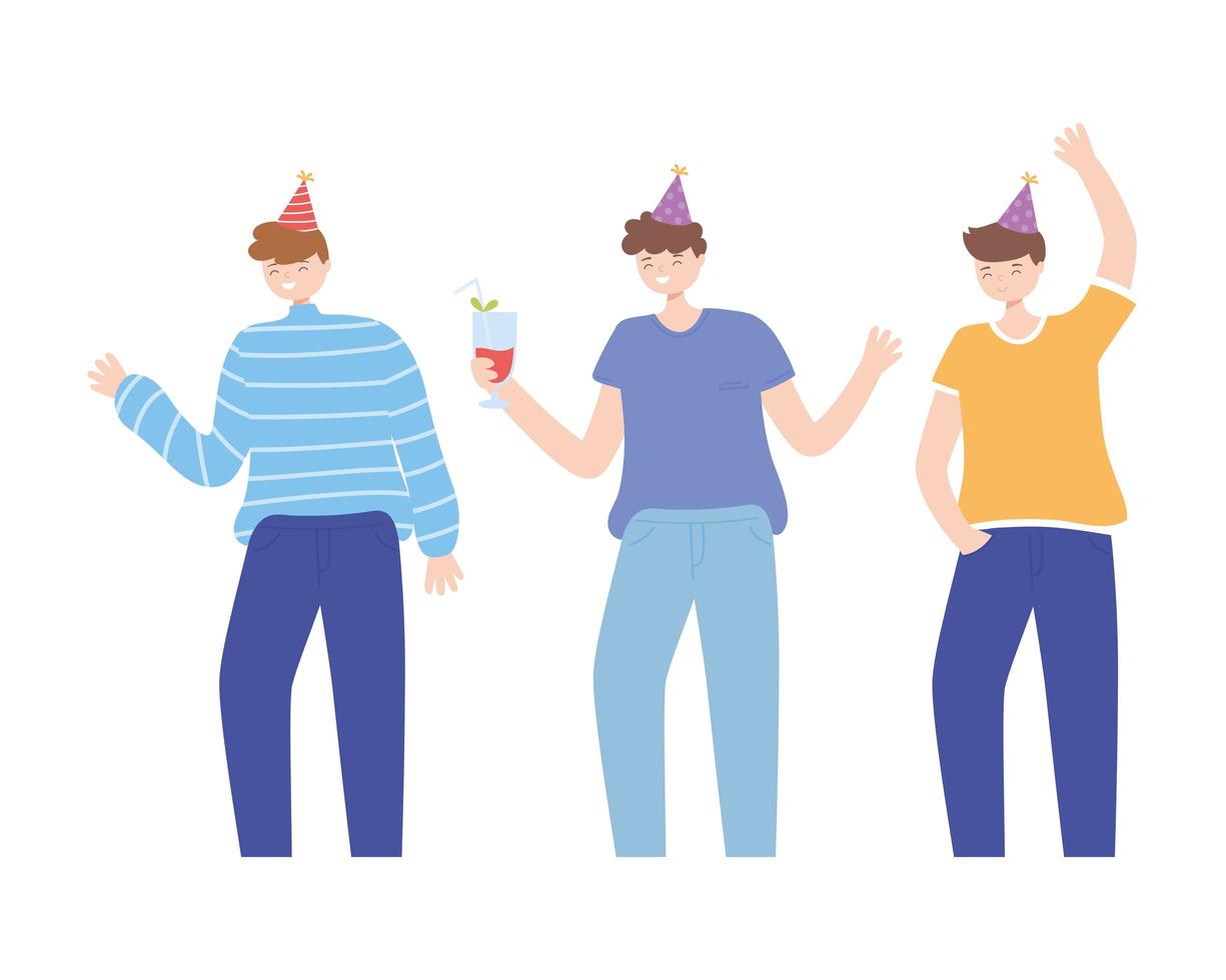 Happy young men with party hats set vector