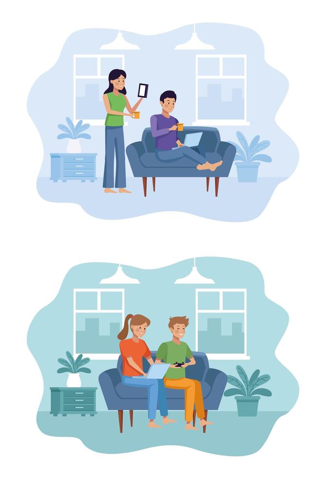 People in quarantine living room scene vector