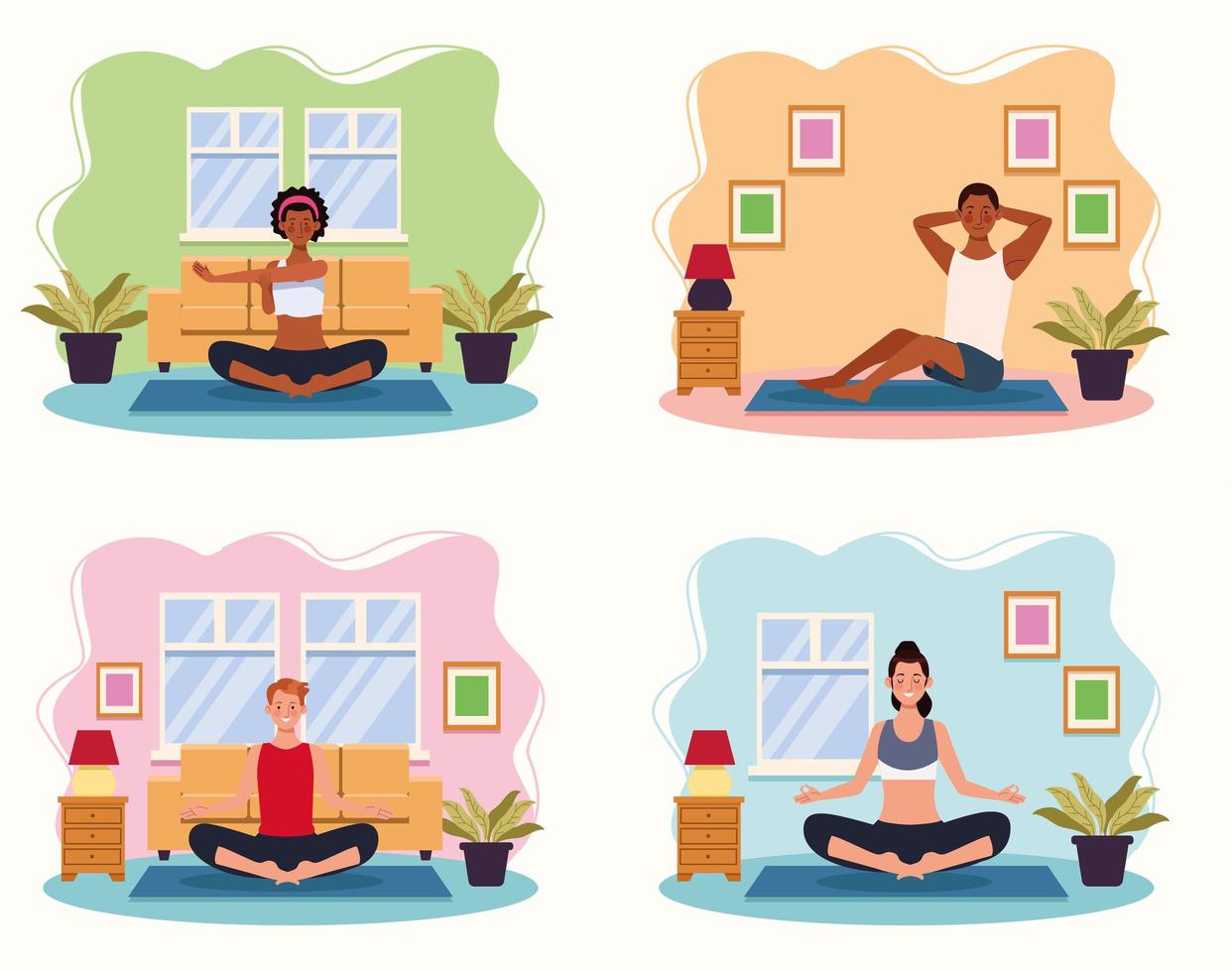 People practicing yoga in the house vector