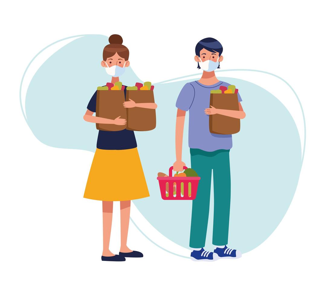 Couple shopping in supermarket with face masks vector