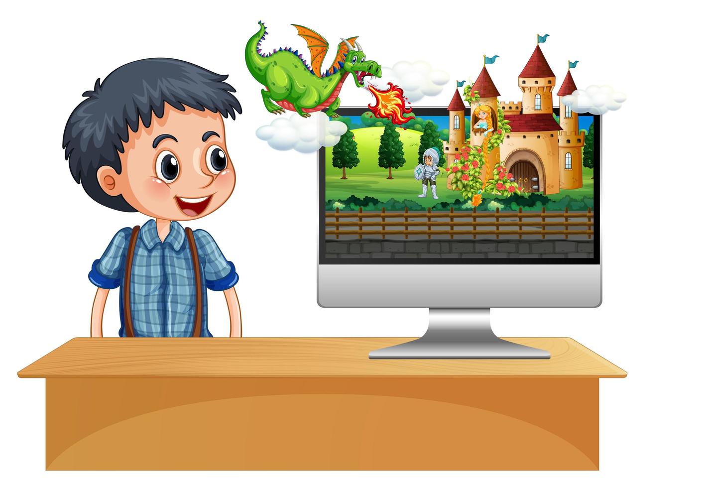 niño feliz junto a la computadora con la escena del castillo en el monitor vector