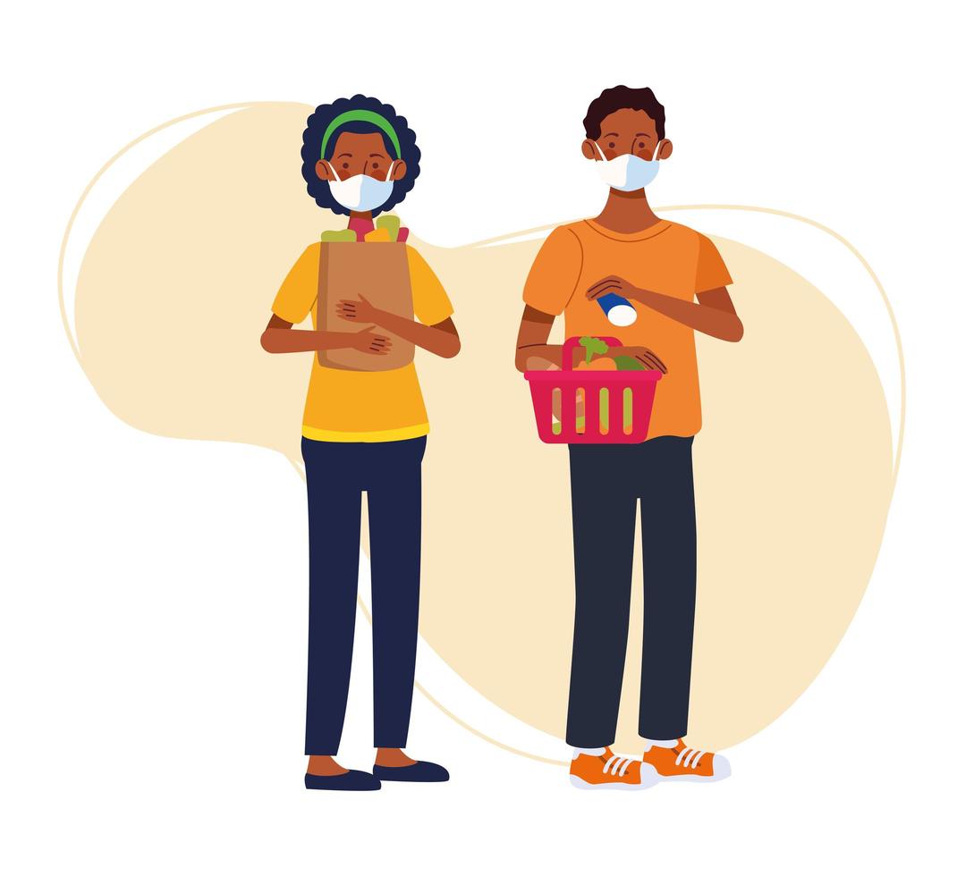 Couple shopping in supermarket with face masks vector