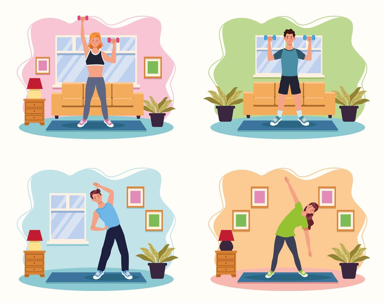 People practicing exercise in the house vector