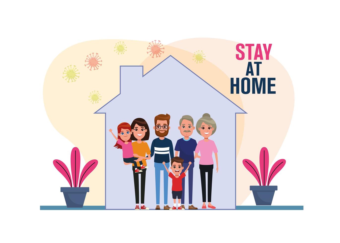 Family members stay at home, covid19 pandemic particles vector