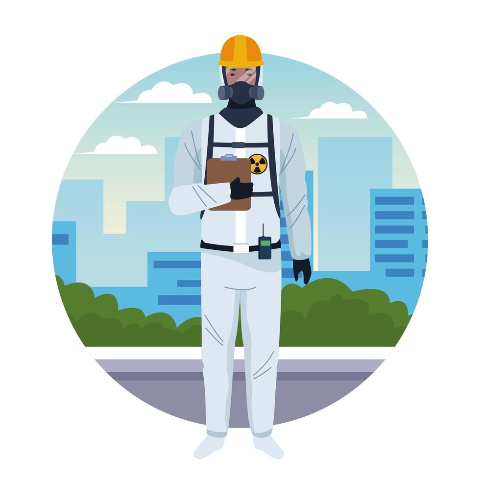 Worker using white protection virus suit character vector