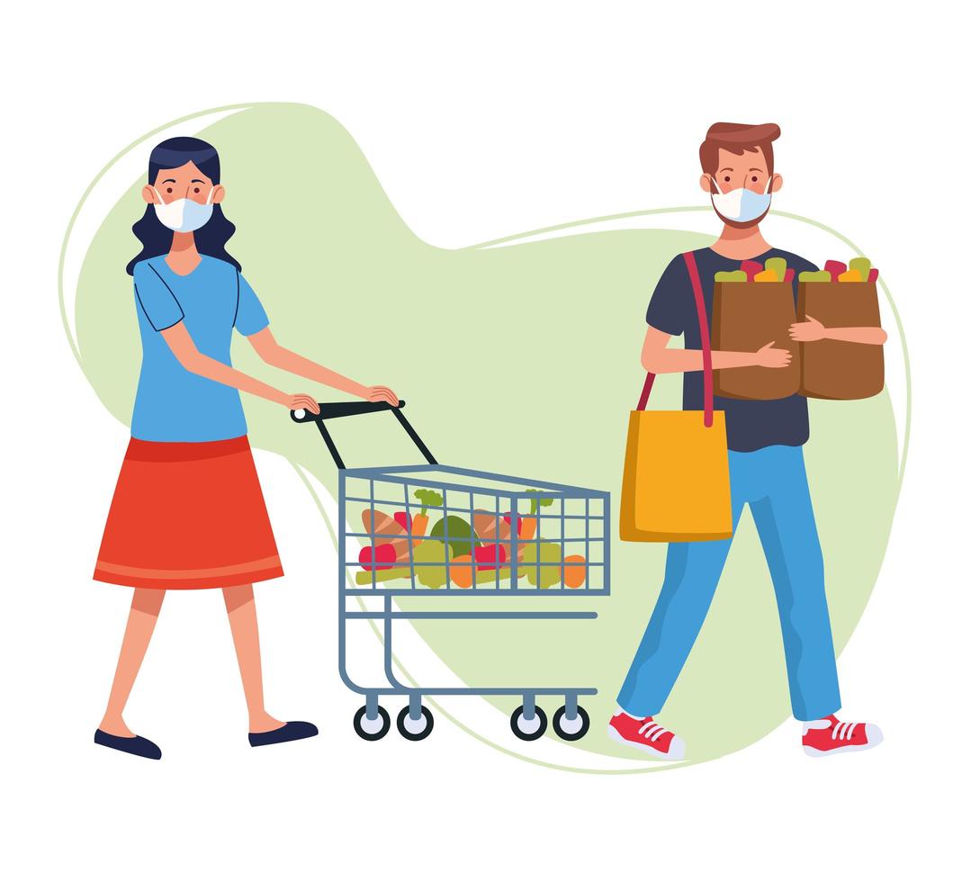 Couple shopping in supermarket with face masks vector