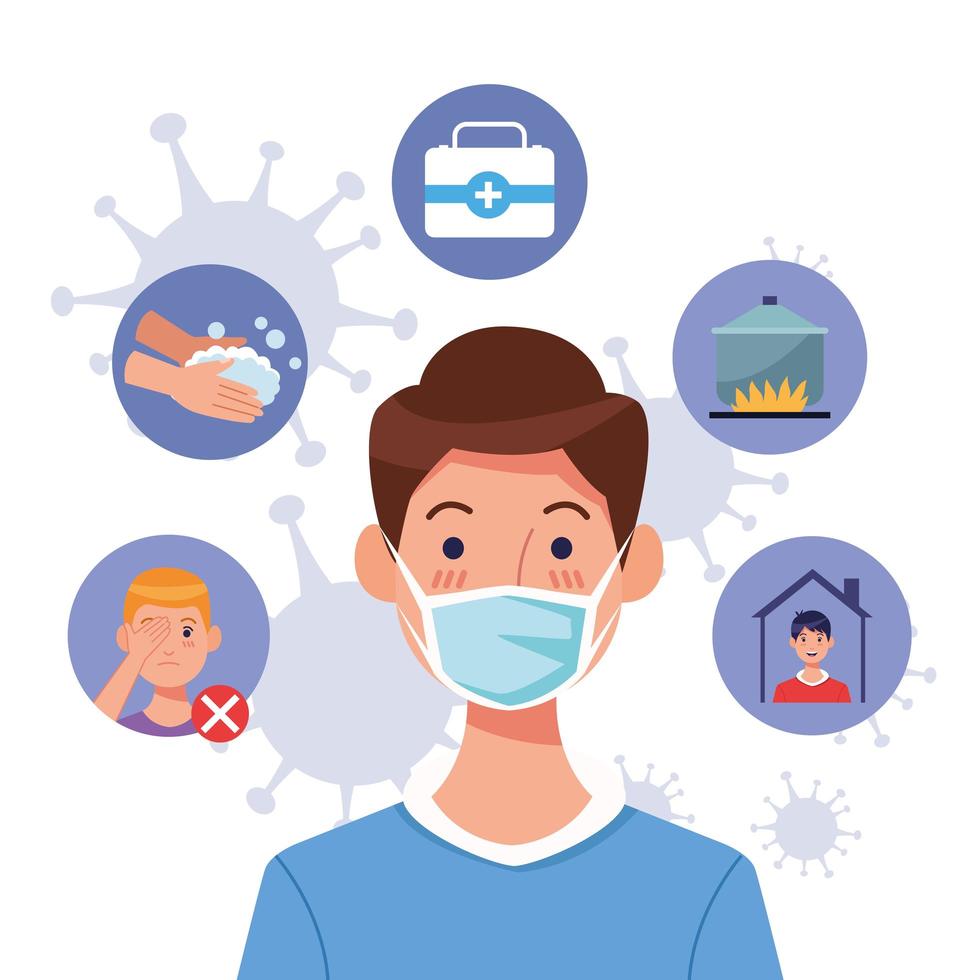Young man using mask with covid19 set icons vector