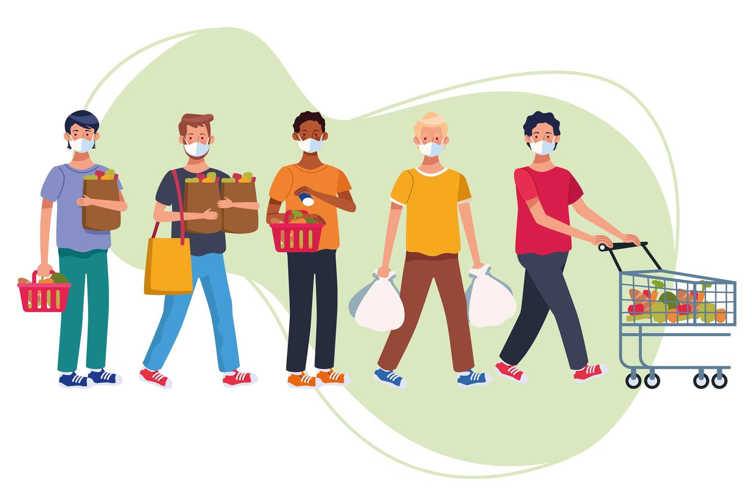 People shopping in supermarket with face masks vector