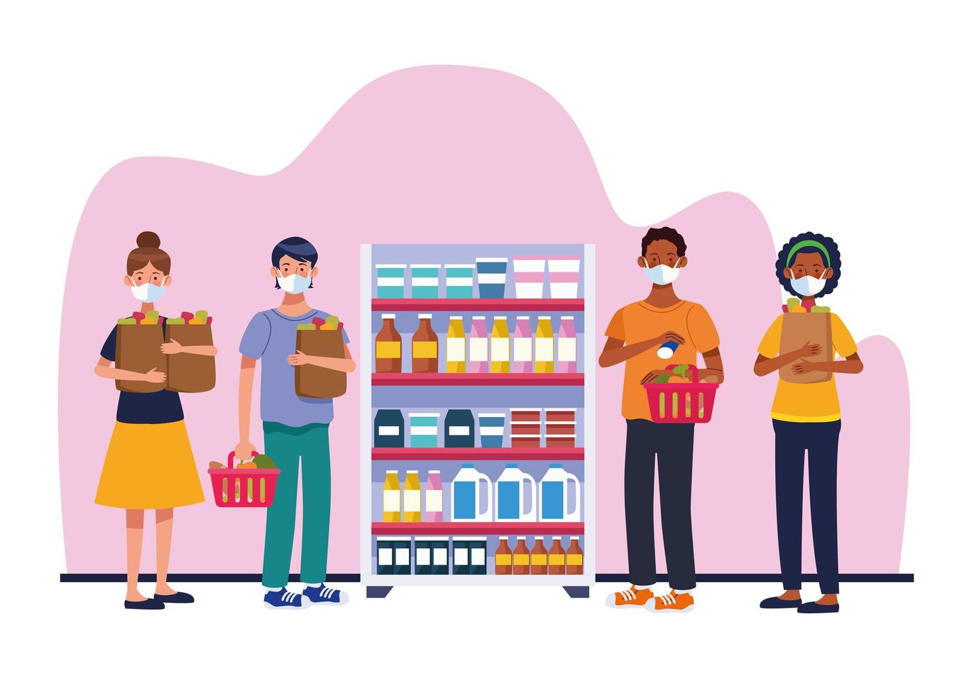 People shopping in supermarket with face masks vector