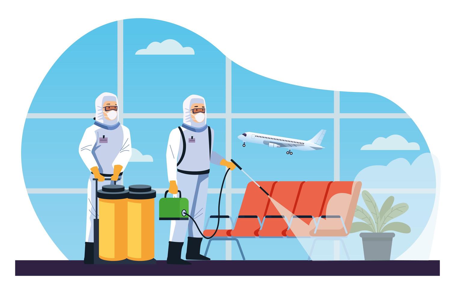 Biosafety workers disinfect airport for covid19 vector