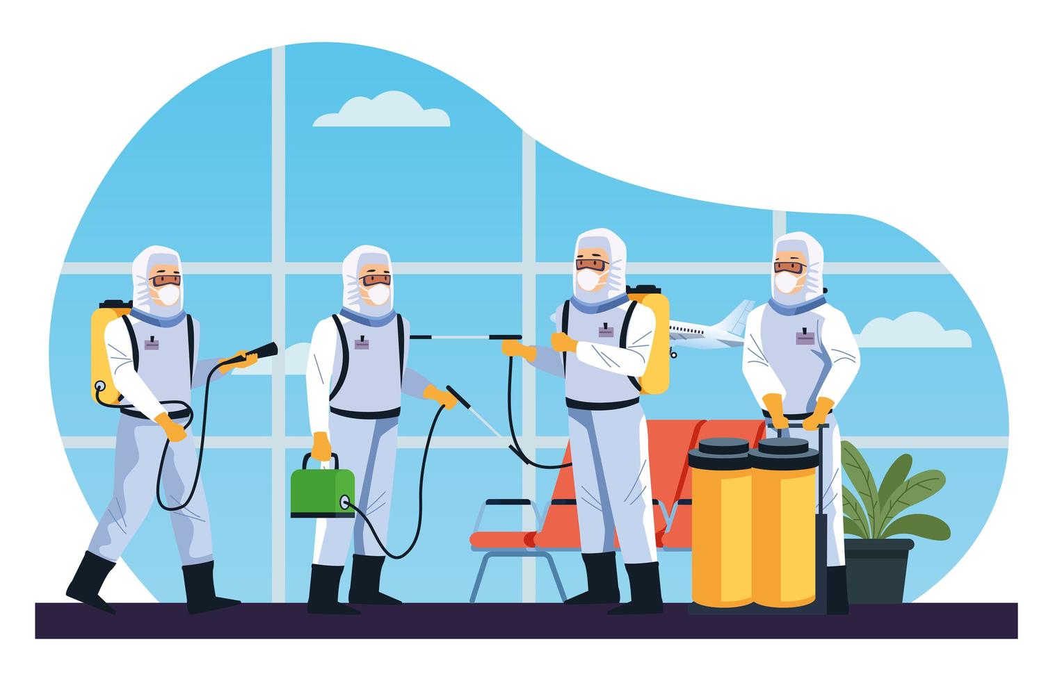 Biosafety workers disinfect airport for covid19 vector