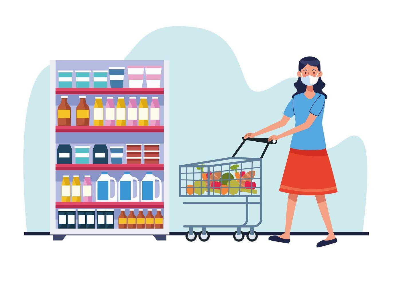 Woman shopping in supermarket with face mask vector