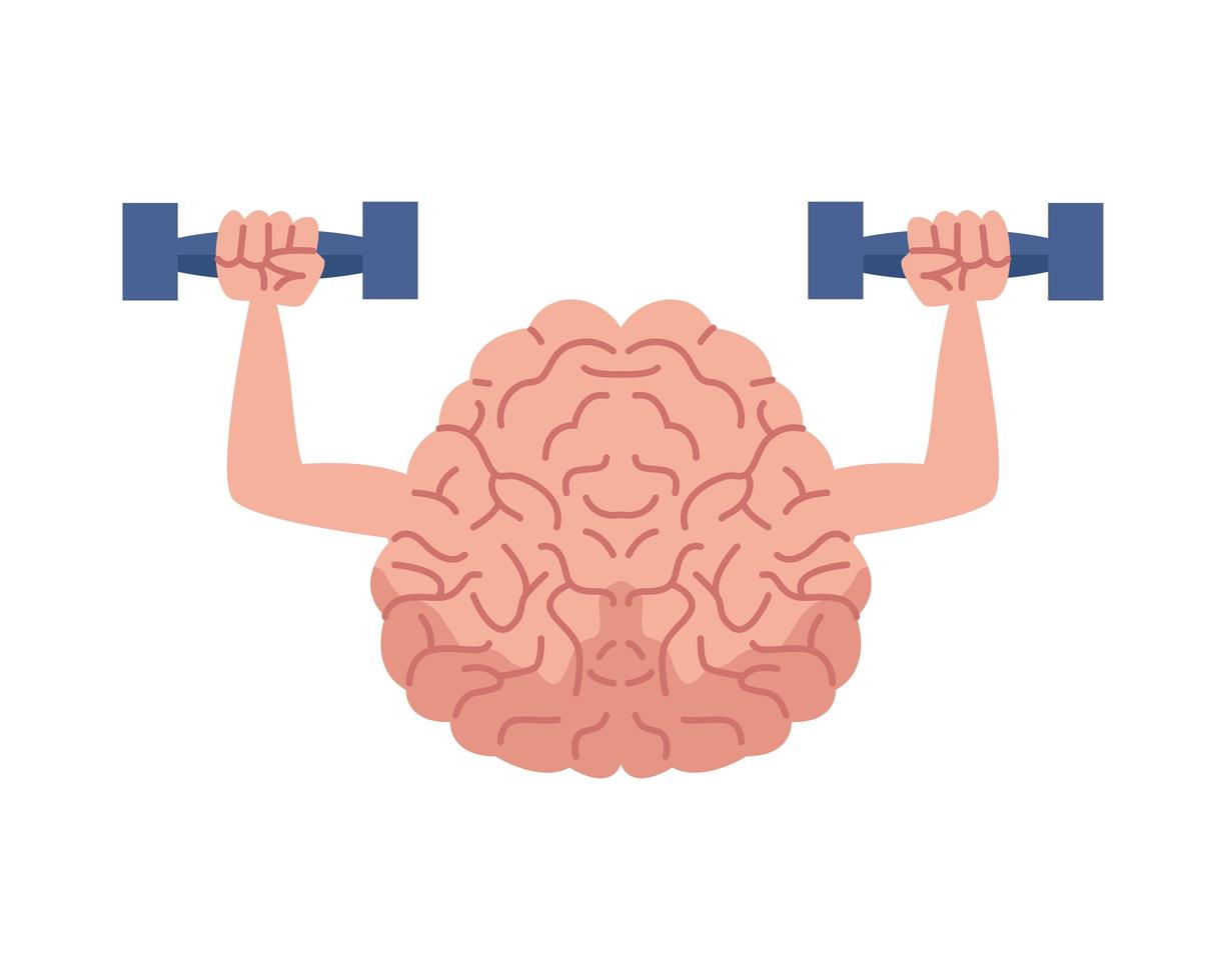 Brain lifting dumbbells, mental health care icon vector