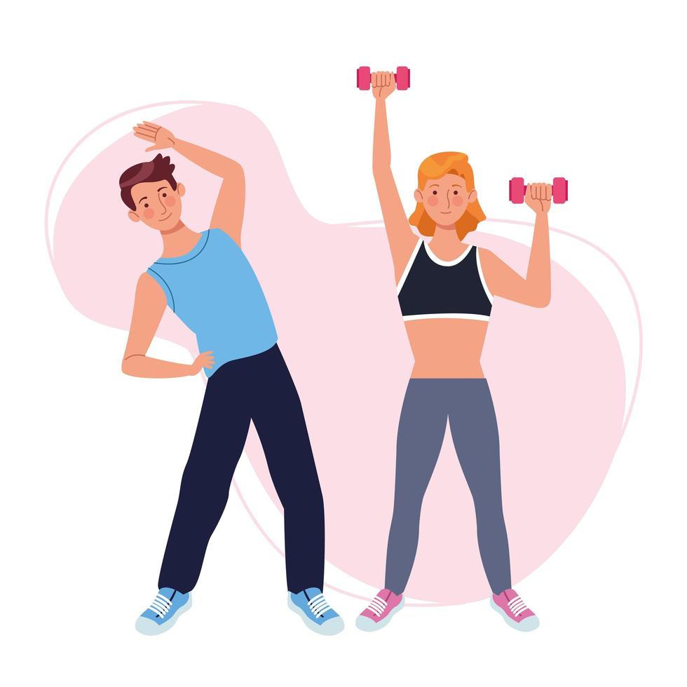 Couple lifting dumbbells, athletes characters vector