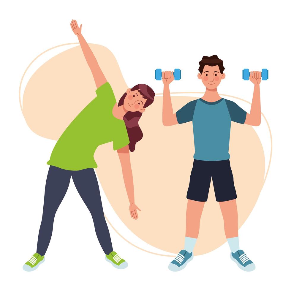 Couple lifting dumbbells, athletes characters vector