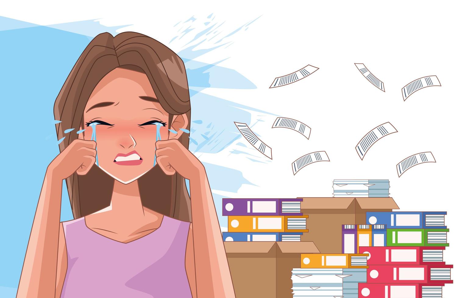 Woman crying with stress symptom and documents pile vector