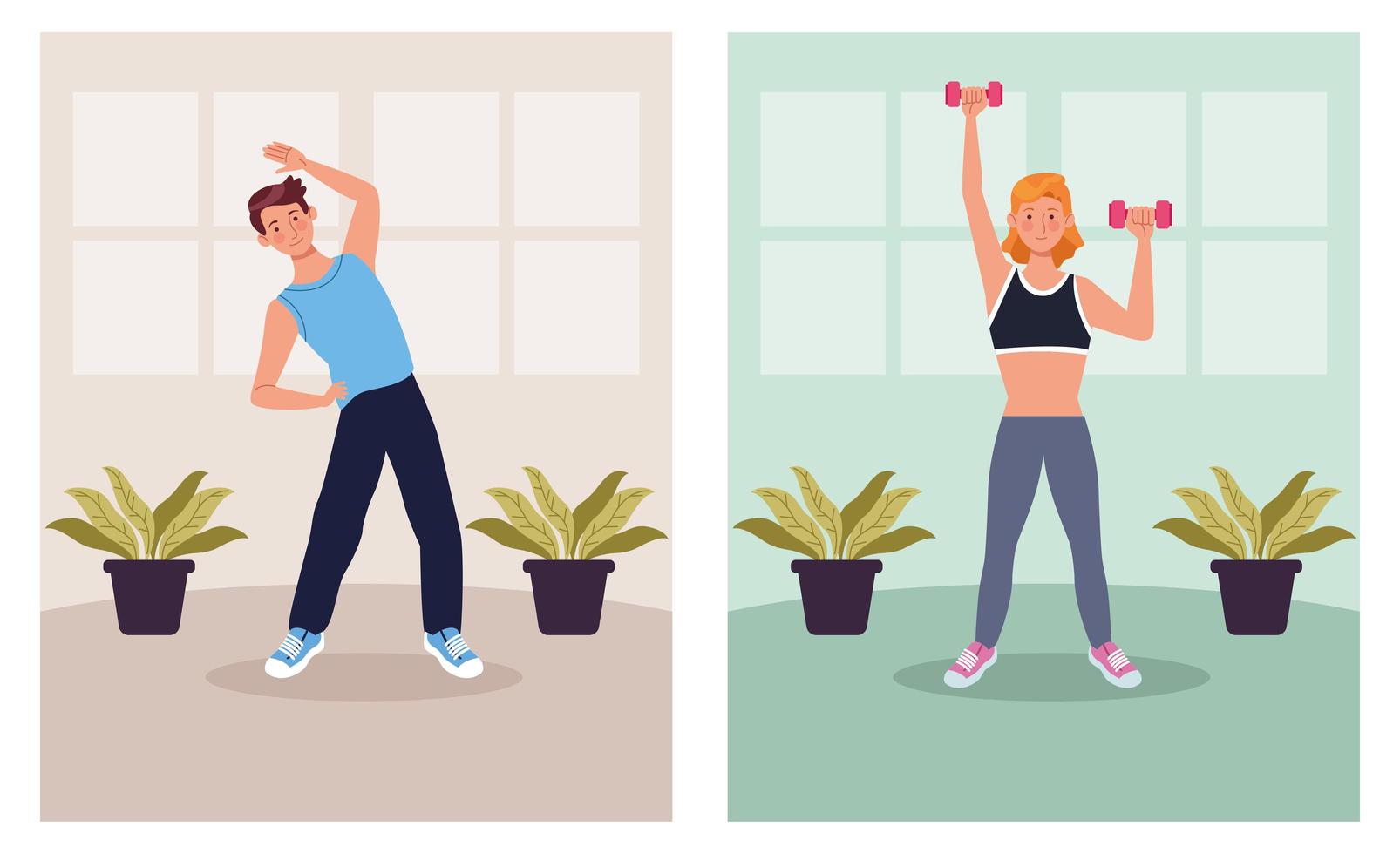 Couple practicing exercise in the house vector