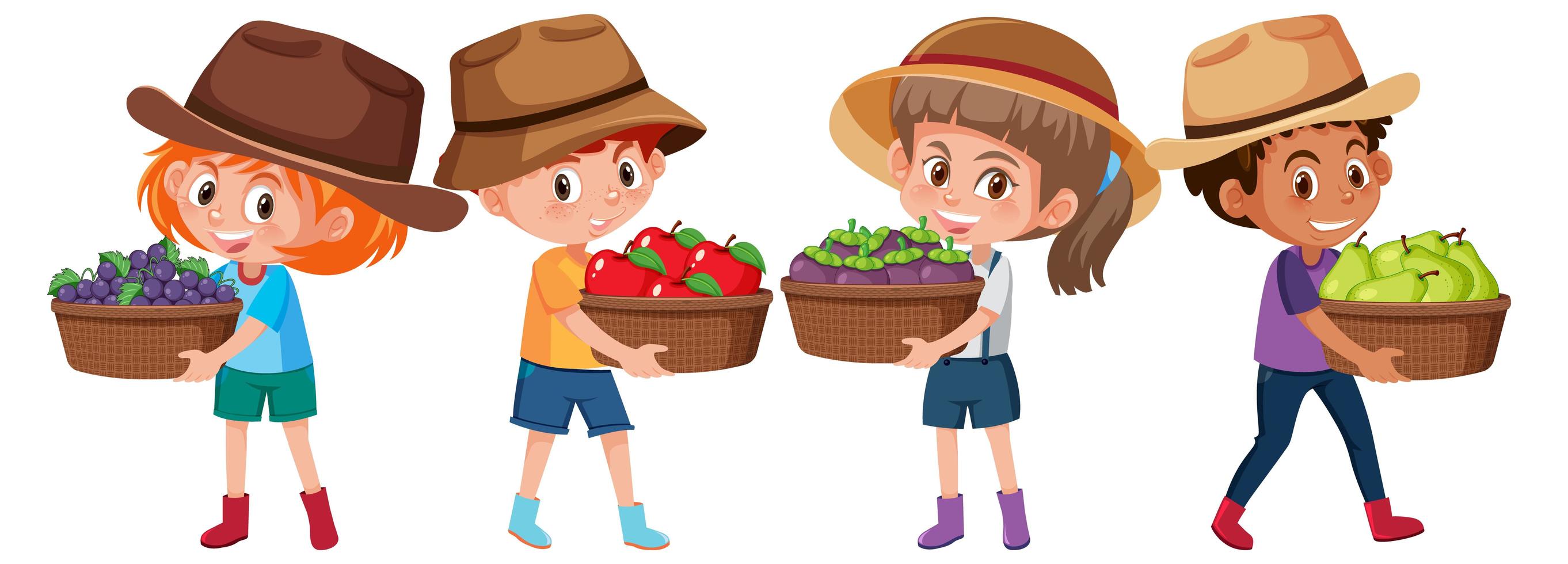 conjunto de diferentes niños sosteniendo una canasta de frutas vector