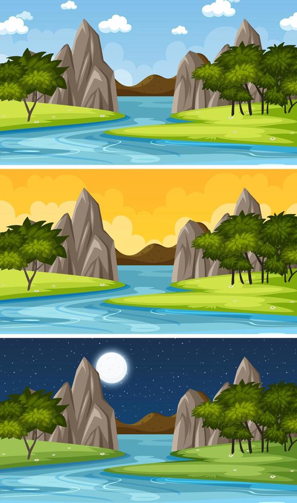 escena del paisaje natural en diferentes momentos del día vector